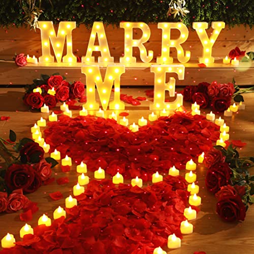 4080 Pcs Lighted Marry Me Letters with 72 Pcs Heart Candles and 4000 Pcs Rose Petals for Valentine Engagement Wedding Decor (Red)