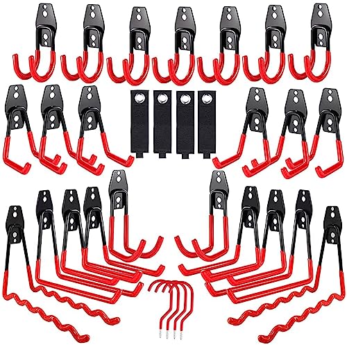 3-H Garage Storage Hooks 31 Pack,Garage Hooks Heavy Duty with 1 Extra Strengthen Welding Point,Garage Hooks for Hanging Shed Ladder Chair Yard Organizing Shovel Garden Tools Hose Weed Eate(red)