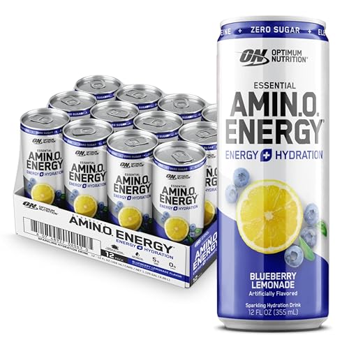 Optimum Nutrition Amino Energy Sparkling Hydration Drink, Electrolytes, Caffeine, Amino Acids, BCAAs, Sugar Free, Blueberry Lemonade, 12 Fl Oz, 12 Pack (Packaging May Vary)