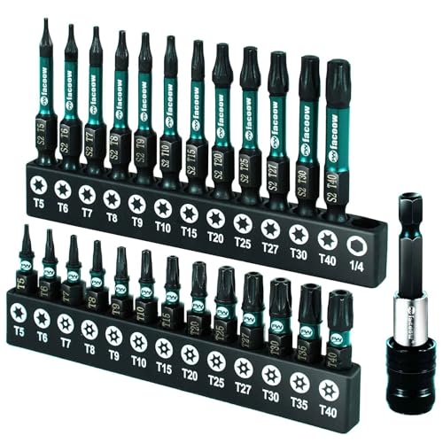 Facoow Torx Bit Set(T5-T40), 26 Pack Security Torx Bits Set with Magnetic Tips,Tamper Proof Star Bits Set S2 Alloy Steel, 1'&2' Long Impact Torque Bit Set & 2.3' Self-locking Quick Change Extension