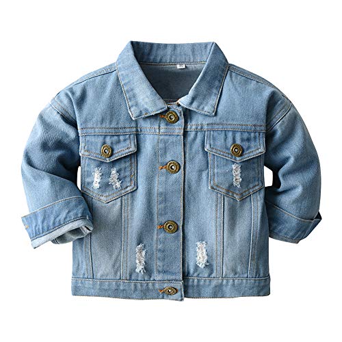 IDOPIP Toddler Kids Baby Boys Girls Denim Jacket Long Sleeve Button Down Jeans Coat Ripped Distressed Trucker Jackets Cowboy Overcoat Basic Casual Outwear with Pockets Blue 01 2-3 Years