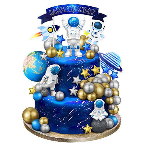 24 Pcs Astronaut Space Cake Toppers Outer Space Cake Toppers Decoration Astronaut Figurines Planet Rocket Satellite Pearl Balls and Stars Space Theme Decoration for Birthday Party Baby Shower (Blue)