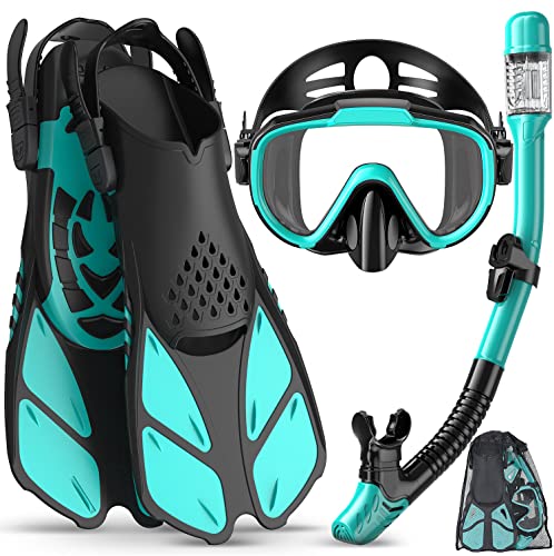 Ubekezele Snorkeling Gear for Adults Men Women,4 in 1 Snorkel Set with Panoramic View Diving Mask Anti-Fog Anti-Leak,Dry Top Snorkel,Fins and Travel Bag for Swimming,Snorkeling and Travel Diving