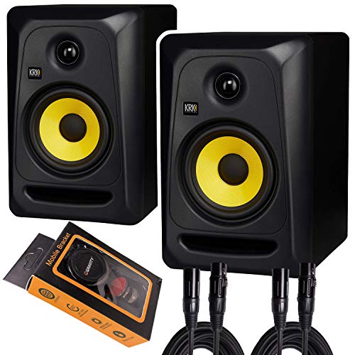 KRK Classic 5 Professional Bi-Amp 5' Powered Studio Monitor (2 Speakers) Pair of XLR Cable + Gravity Phone Holder, Black M