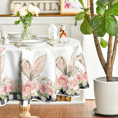 Horaldaily Easter Tablecloth 70x70 Inch Round, Spring Flower Buffalo Plaid Bunny Ear Table Cover for Party Picnic Dinner Decor