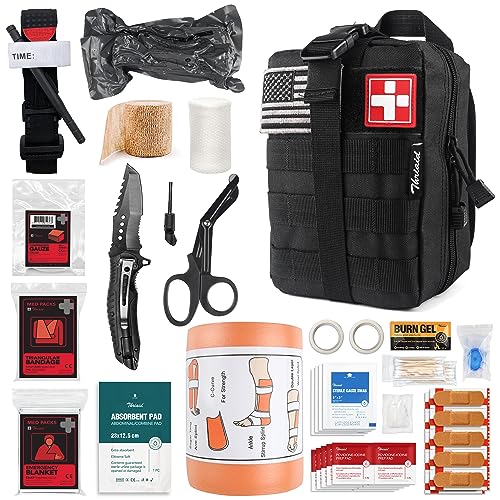 Emergency Survival First Aid Kit with Tourniquet, 6' Israeli Bandage, Splint, Military Combat Tactical Molle IFAK EMT for Trauma Wound Care, Gun Shots, Blow Out, Bleeding Control and More (Black)