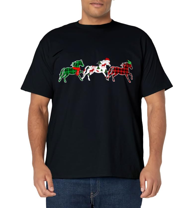Funny Horse Xmas Tree Lights Red Plaid Gift Christmas T-Shirt