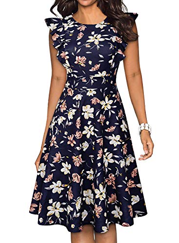 YATHON Women's Vintage Ruffle Floral Flared A Line Swing Casual Cocktail Party Dresses (L, YT001-Navy Floral)