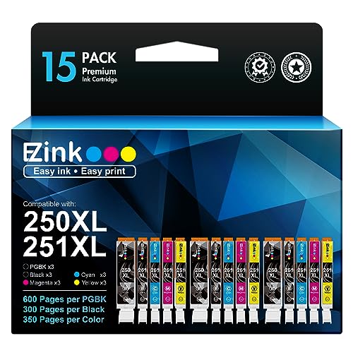 E-Z Ink (TM Compatible Ink Cartridges Replacement for Canon 250 251 XL PGI-250XL CLI-251XL to use with PIXMA MX922 MX920 IX6820 MG5520 MG7520 IP8720 MG6620 MG6320 MG7120 (15 Pack)