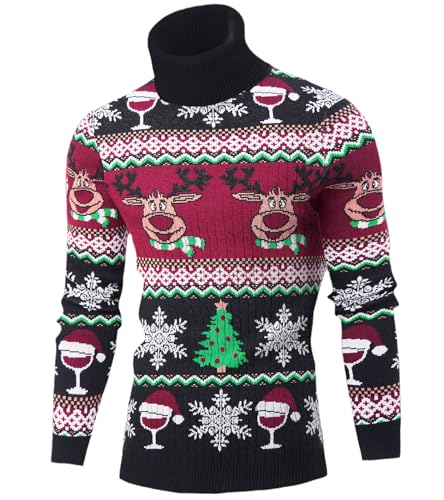 Fanient Mens Ugly Christmas Sweater Premium Turtleneck Long Sleeve Knitted Pullover Sweater Reindeer Christms Trees Snowflake Warm Sweatshirt Classic Ribbed Jumper Rollneck Sweater L