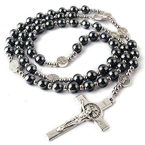 HanlinCC 8mm Hematite Rosary Black Stone Beads with 4mm Stainless Steel Beads and St.Benedict Metal Beads Rosary Necklace with Medal & Cross for Men and Womens (St. Benedict Rosary on Steel Wire)