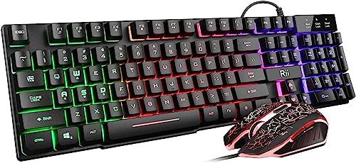 Rii Gaming Keyboard and Mouse Set, Multiple Color Rainbow LED Backlit Multimedia PC Gaming Keyboard,Office Keyboard Colorful Breathing Backlit Gaming Mouse for Working or Primer Gaming,Office Device