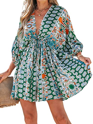 CUPSHE Women Floral Ornate Print Tie Front Dress 3/4 Balloon Sleeves Paisley Beach Dresses,L Green