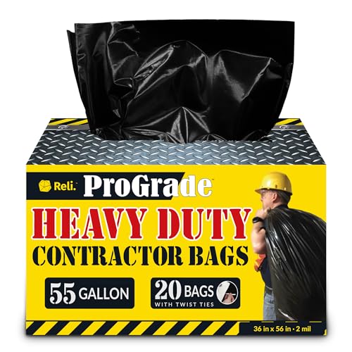 Reli. Contractor Trash Bags 55 Gallon Heavy Duty | 20 Bags w/Ties | Construction Garbage Bags | Industrial | Extra Large/Big | Black