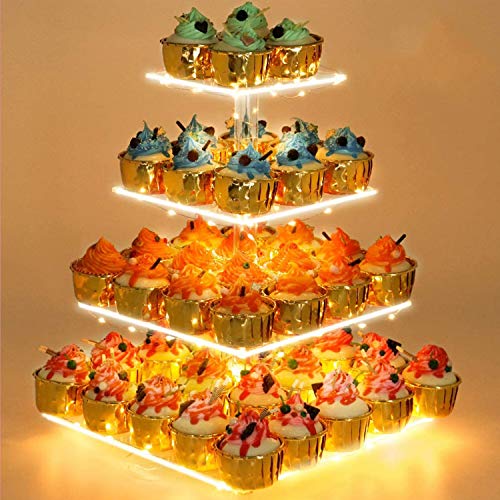 YestBuy 4 Tier Cupcake Stand Acrylic Tower Display with LED Light Premium Holder Dessert Tree Tower for Birthday Cady Bar Décor Weddings, Parties Events (Yellow Light)