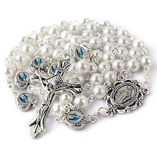 HanlinCC Glass Pearl Beads with Miraculous Epoxy Heart Metal Beads Rosary Necklace pack in Velvet Gift Bag with Rosary Pray Card (White)