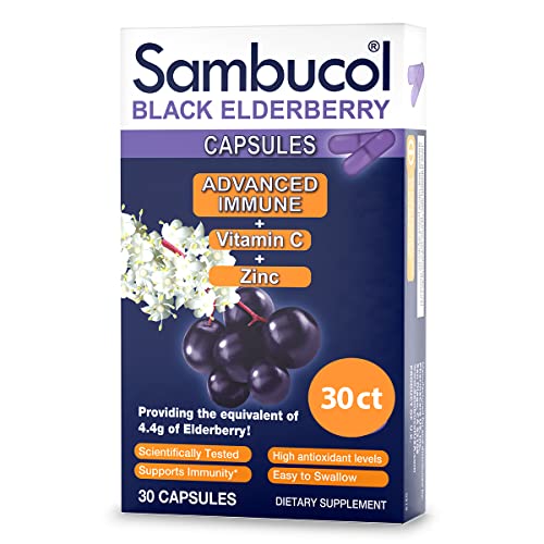 Sambucol Black Elderberry Capsules - Advanced Immune, Vitamin C and Zinc, Elderberry Capsules, Immune Support Supplement, Black Elderberry Supplements, Gluten Free, Easy to Swallow Capsules - 30 Count