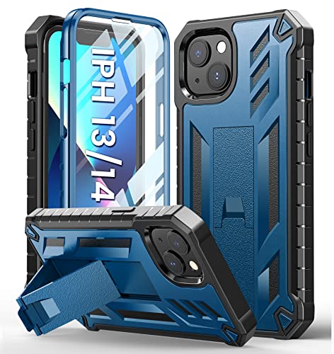 for iPhone 13 Case Protective Cover: iPhone 14 case Heavy Duty Military Grade Hard Protection Shock Proof Grip | Durable Dual-Layer Design iPhone 13-14 Phone Case with Built-in Kickstand Blue