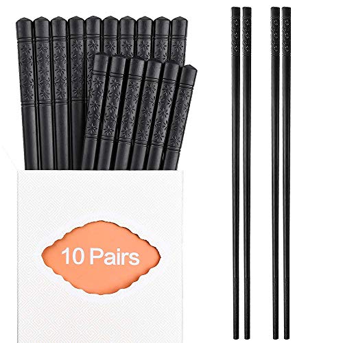 10 Pairs Fiberglass Chopsticks Family Set, ONEHERE Reusable Chinese, Japanese, Korean Chop sticks, Dishwasher Safe, Non-slip, for Sushi, Noodles, Food, Hotpot& Cooking, 9.5 inches, Classic Black