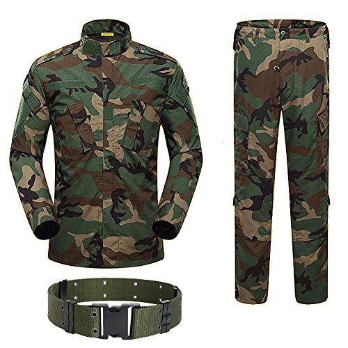 HANSTRONG GEAR Men Tactical BDU Combat Uniform Jacket Shirt & Pants Suit for Army Military Airsoft Paintball Hunting Shooting War Game Woodland (L)