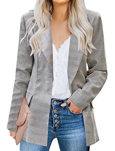 luvamia Women's Casual Long Sleeve Lapel Button Slim Work Office Blazer Jacket Plaid Blazers for Women Tartan Plaid Brown/Mustard Size Large Size 12 Size 14