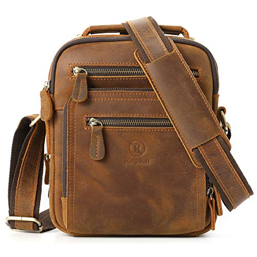 Ringsun Small Leather Travel Bag Zipper Crossbody Shoulder Bag Messenger Bag Mens Purse Bag, Leather Man Purse