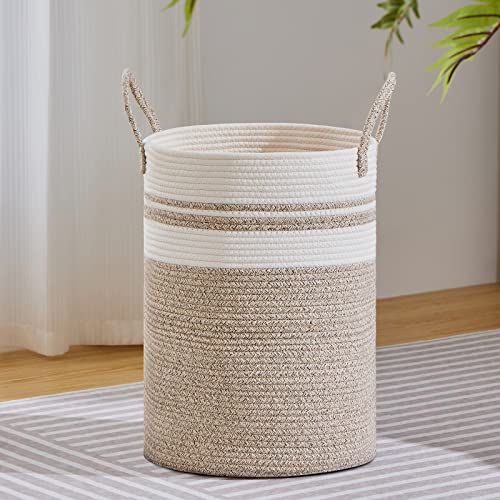 VIPOSCO Large Laundry Hamper, Tall Woven Rope Storage Basket for Blanket, Toys, Dirty Clothes in Living Room, Bathroom, Bedroom - 58L Brown & White