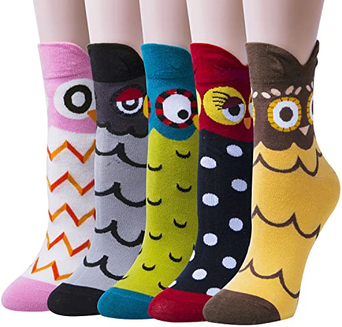 Chalier Womens Funny socks Cozy Cute Printed Patterned Fun Socks Novelty Cat Socks for Women Gifts, Cute Owl Multicolor(5 Pairs)