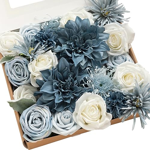 Ling's Moment Artificial Flowers Dusty Blue Dahlia Flowers Combo for DIY Wedding Bouquets Centerpieces Arrangements Party Baby Shower Home Decorations Bridal Shower