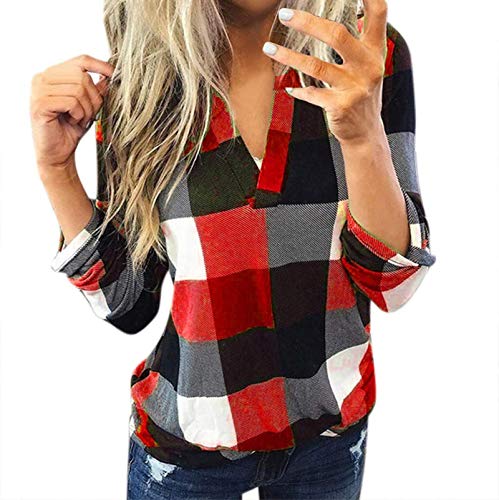 YAnGSale Top Casual Plaid Blouse Women Cotton Sweatshirt Long Sleeve Shirts Women's V-Neck Fall Sweaters Pullover Tops