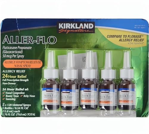KIRKLAND SIGNATURE Aller-Flo Fluticasone Propionate (Glucorticoid) 5 Bottles x 120 Metered Sprays 0.54 Fl OZ per Bottle (15.8 mL x 5) 2.70 OZ Total (79 mL Total) 600 Total Sprays Total, 1-Pack