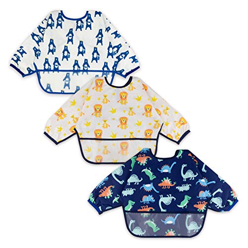3 Pcs Long Sleeved Bib Set | Baby Waterproof Bibs with Pocket Bundle | Toddler Bib with Sleeves and Crumb Catcher | Stain and Odor Resistance Play Smock Apron - Pack of 3 | 6-24 Months
