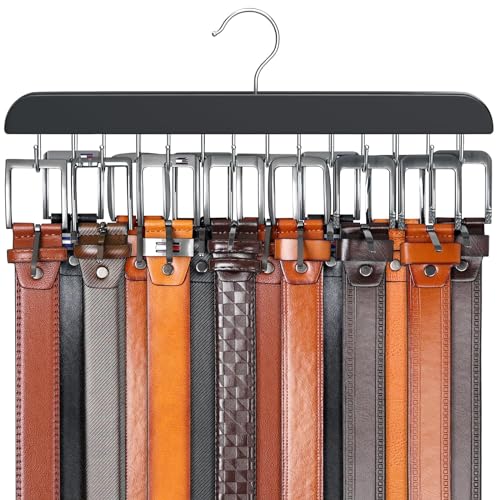 Resovo Belt Hanger for Closet Max 42 Belts, Sturdy Wood Belt Rack Closet Accessories with 14 Hooks Belt Organizer for Closet Organizers and Storage -Black 1 Pack