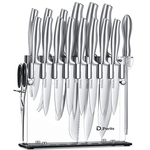 D.Perlla Knife Set, 17 Pieces Kitchen Knife Set with Clear Acrylic Knife Holder, Stainless Steel Super Sharp Chef Knife with Hollow Handle in One Piece Design
