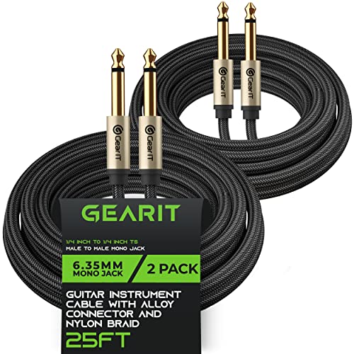 GearIT Guitar Instrument Cable (15ft 2-Pack) 1/4 Inch to 1/4 inch TS Straight Male to Male 6.35mm Mono Jack with Alloy Connector and Nylon Braid