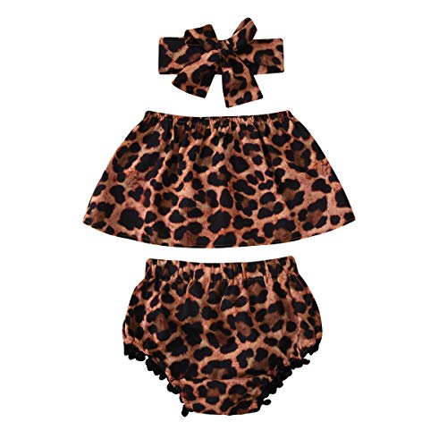 Infant Baby Girls Leopard Bottom Shorts Set Tube Off Shoulder Crop Top+Shorts+Bow Headband 3 Pieces Set Summer Clothes (Leopard, 3-6 Months)