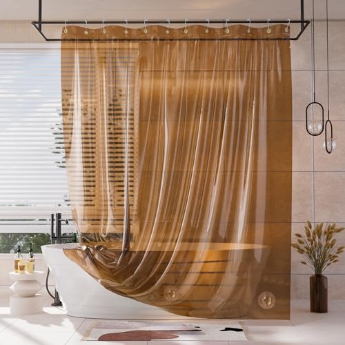 AmazerBath Shower Curtain Liner, 100% EVA Soft Clear Amber Heavy Duty Shower Curtain and Liner 2-in-1, 72x72 Luxury Plastic Weighted Bathroom Shower Liner, 12 Rustproof Grommets & 3 Heavyweight Stones