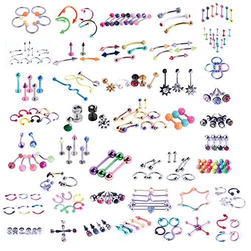 BodyJ4You 120PC Body Piercing Jewelry Lot - Ear Tragus Cartilage Daith Nose Septum Lip Belly Button - 14G 16G 18G RANDOM Mix - Horseshoes Rings Barbells Studs Industrial - Unisex Male Female