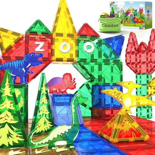 Dinosaur Toys Magnetic Tiles Building Blocks Kids Toys - Dinosaur World STEM Magnet Toys for Toddlers Creative Construction Play for 3+ Year Old Boys Girls Ideal Preschool Learning Sensory Toys