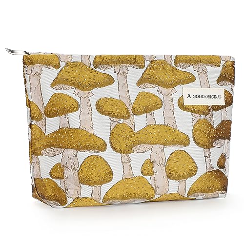 Sightor Aesthetic Makeup Bag, Large Capacity Cosmetic Bag Canvas Floral Makeup Bag, Travel Pouch Make Up Purse Toiletry Storge Bag for Women (Mushroom Yellow)