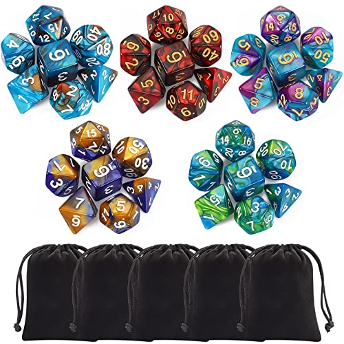CiaraQ Polyhedral Dice Set (35 Pieces) with Black Pouches, 5 Complete Double-Colors Dice Sets of D4 D6 D8 D10 D% D12 D20 Compatible with Dungeons and Dragons DND RPG MTG Table Games