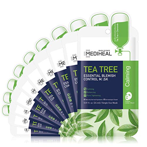 Mediheal Official [Korea's No 1 Sheet Mask] - Tea Tree Essential Blemish - Soothing & Sebum Control Mask Pack for Sensitive Oily Skin(10 Masks)