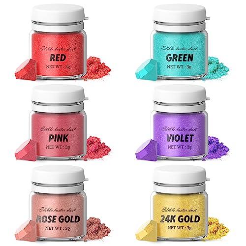 Luster Dust Edible Set-Wayin 6 Colors Edible Glitter Set, Food Grade Shimmer Dust for Drinks Cocktail, Cake Decorating Coloring Powder for Strawberries, Fondant, Chocolate, Candy, Cupcakes (3g/Bottle)