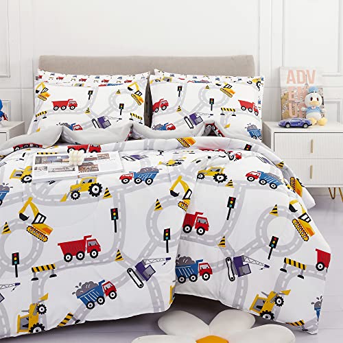 Viviland Twin Comforter Set for Boys - Kids Brushed Microfiber Twin Bedding Set - 5 Pieces Machine Washable Bed in A Bag with Soft Comforters, Sheet Set, Shams - Excavator Car Truck Printed