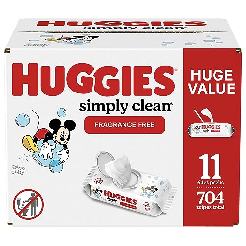Huggies Simply Clean Fragrance-Free Baby Wipes, Unscented Diaper Wipes, 11 Flip-Top Packs (704 Wipes Total)