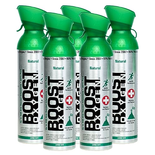 Boost Oxygen Canned 10 Liter Natural Flavored Oxygen Boost Portable Canister Bottle for High Altitudes, Athletes, and More, Green/Silver (5 Pack)