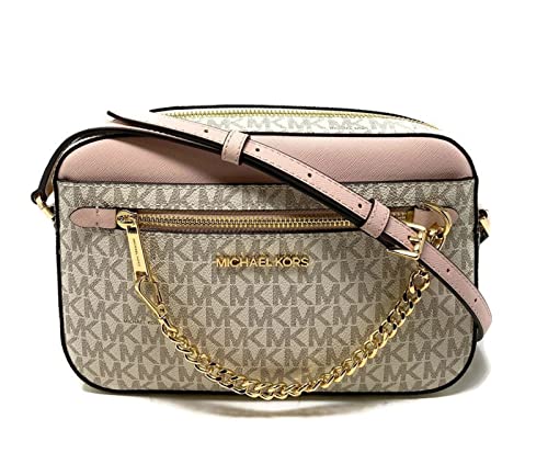 Michael Kors Jet Set Saffiano Leather Crossbody Bag (Vanilla Sig Powder Blush)