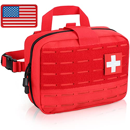 LIVANS Tactical Molle Medical Pouch of Upgraded Size, First Aid Large Capacity IFAK EMT Detachable Quick Release with Headrest Mount Include Flag and Cross Patch, Red, Free Size