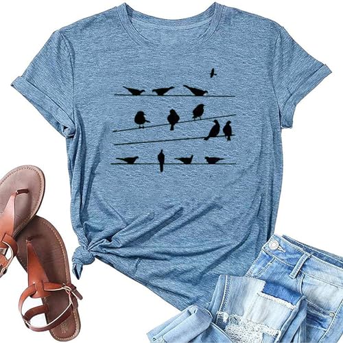Bird Flock T Shirts for Women Animal Graphic Vintage Tees Causal Trendy Summer Short Sleeve Shirts Blue,XXL