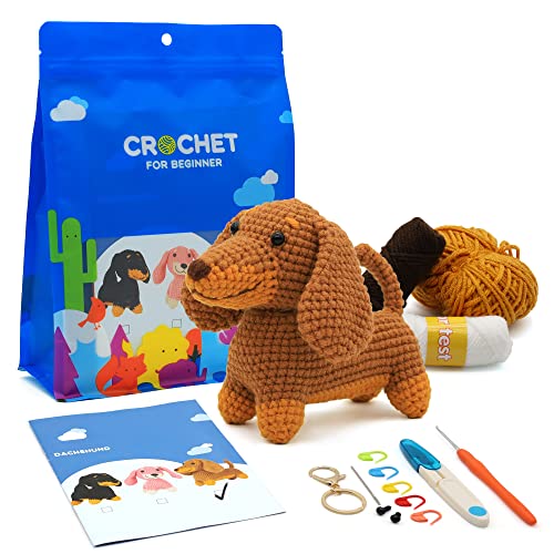 Nikolle Crochet Kit for Beginners with Step-by-Step Video Tutorials Crochet Animal Kit Crochet Starter Kits for Adults Kids - Dachshund(Brown)